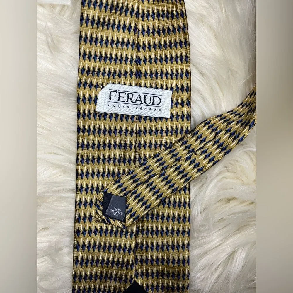 LOUIS FERAUD SILK TIE MUSTARD NAVY BLUE & WHITE